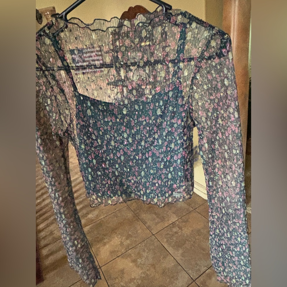Le Lis Multicolor Green Floral Sheer Cropped Blouse